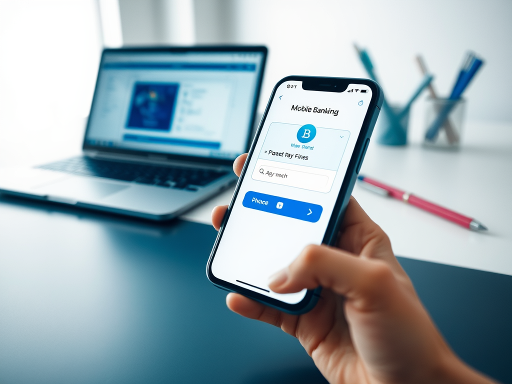 На изображении телефон с приложением мобильного банкинга и ноутбук на столе.