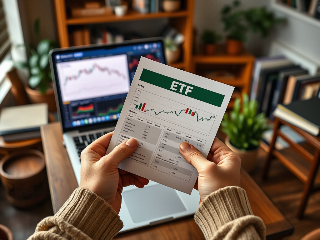 Человек держит документ с данными по ETF, на столе ноутбук с графиками и растениями в фоне.